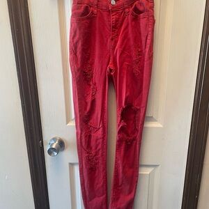 Fashion Nova Red Skinny Jeans with Distressed Details